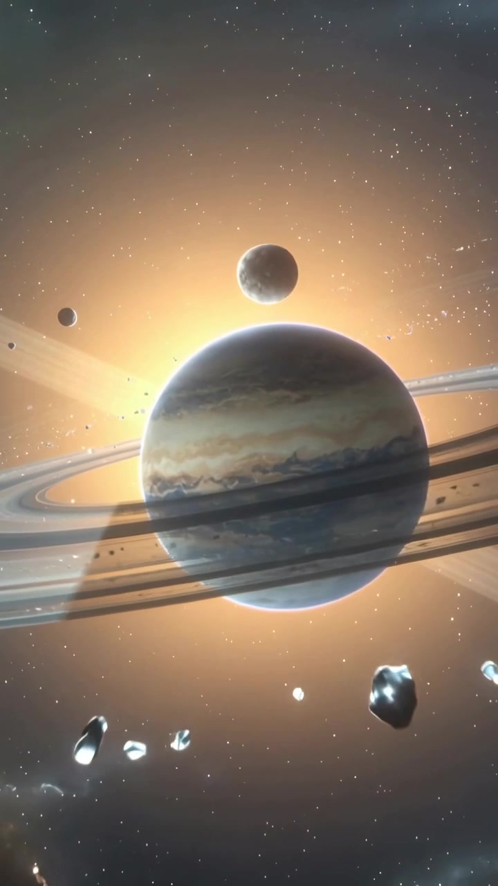 Vertical video: Shifting camera sweeping ringed gas giant with moon above and rings, creating depth