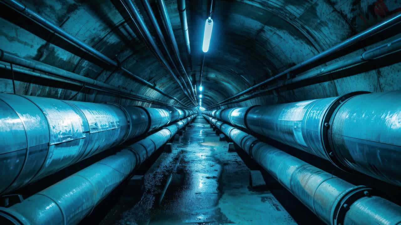 廣角鏡頭拍攝佈滿管道和昏暗燈光的工業隧道，營造出神秘氛圍