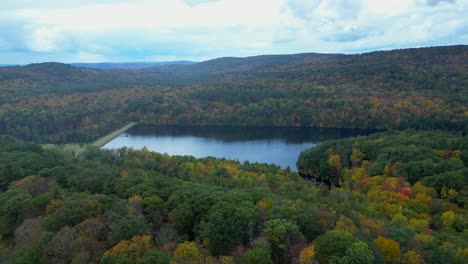 vuelo de avión no tripulado en la lluvia sobre los bosques en el colorido follaje de otoño y un lago en el oeste de massachusetts