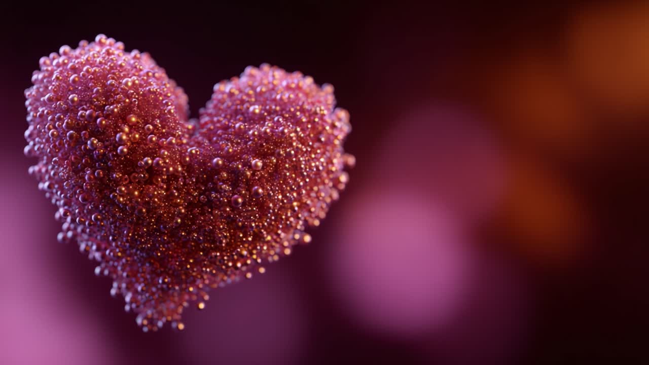 Un'affascinante figura a forma di cuore composta da bolle scintillanti, che mette in mostra vivaci sfumature di rosa e viola su uno sfondo delicato e sfocato che ne esalta la bellezza