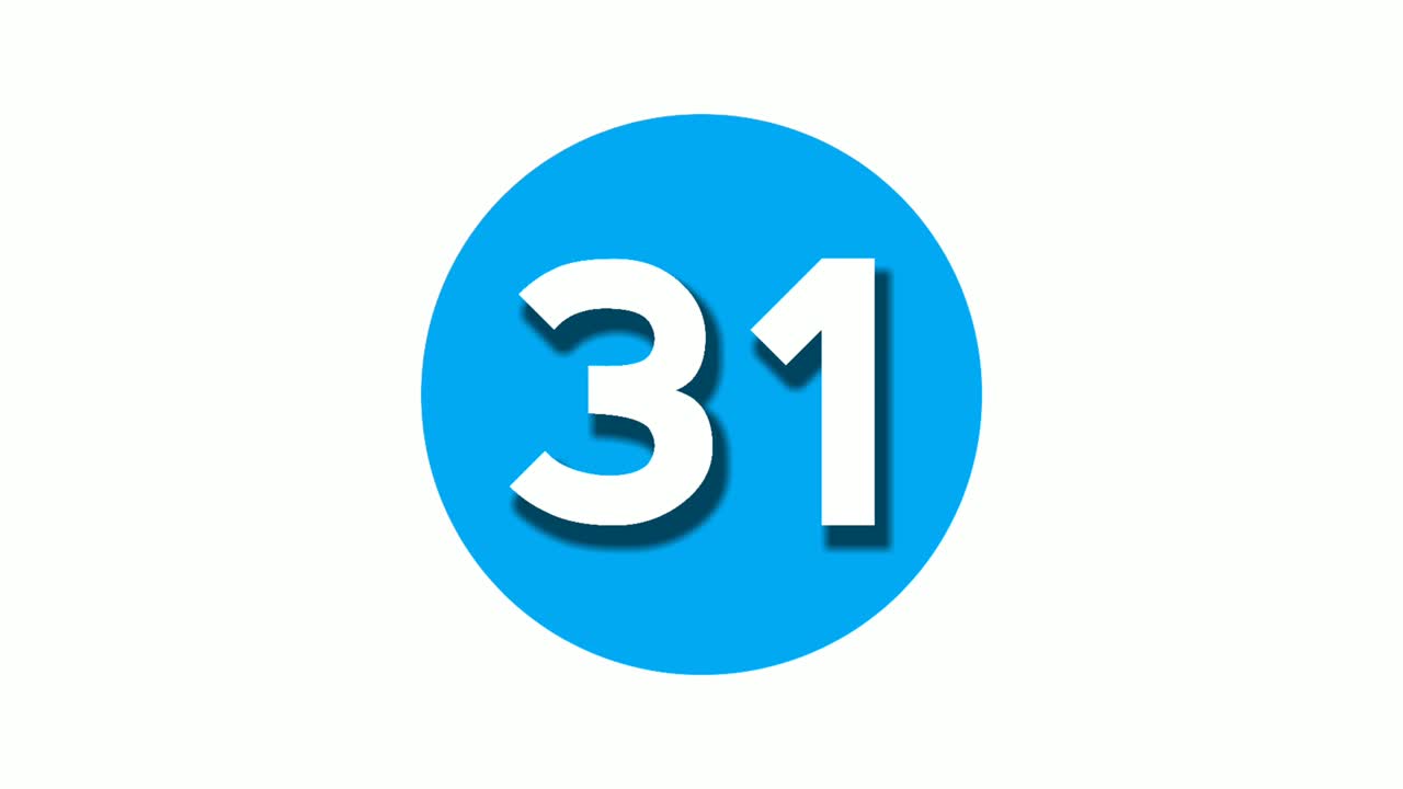 número 31 un signo símbolo animación gráficos en movimiento en círculo azul fondo blanco, número de video de dibujos animados para elementos de video