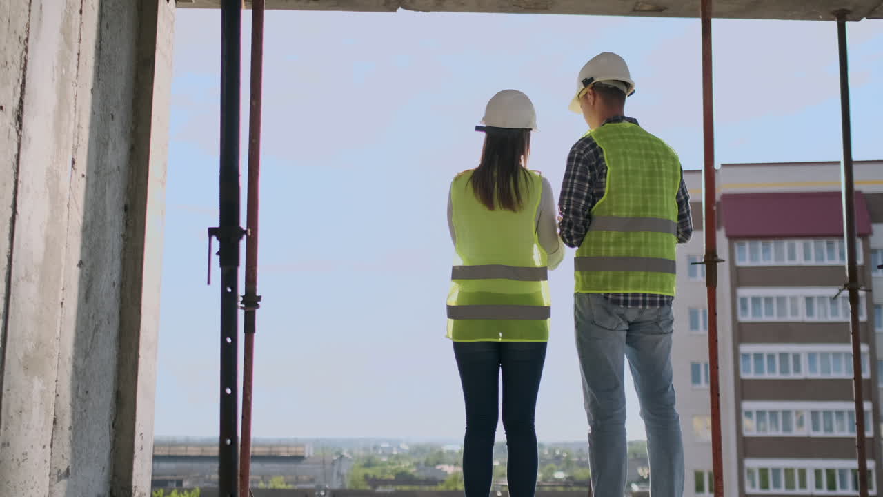 trabajadores de la construcción que trabajan en el sitio de construcción constructores que buscan en el plano de vista trasera espacio de copia. desarrollo de la construcción trabajo en equipo y concepto de personas.