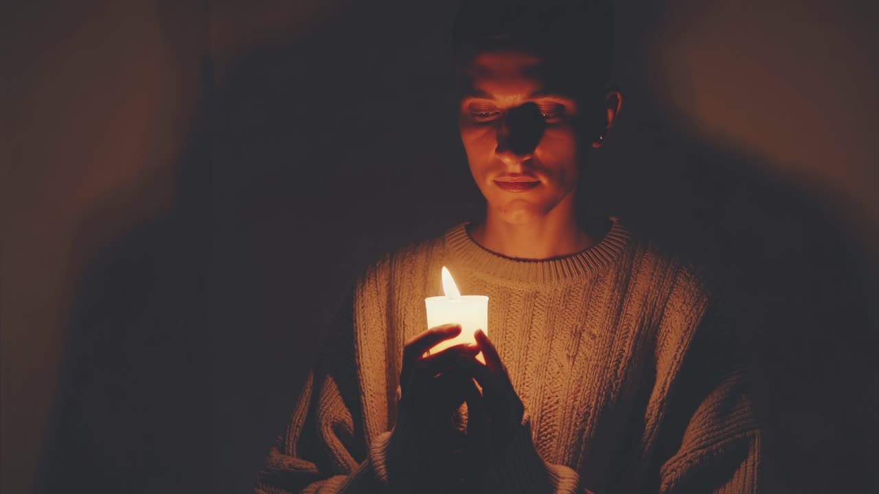 Una scena video suggestiva con un'inquadratura dal basso di una persona che tiene in mano una candela, proiettando ombre intense