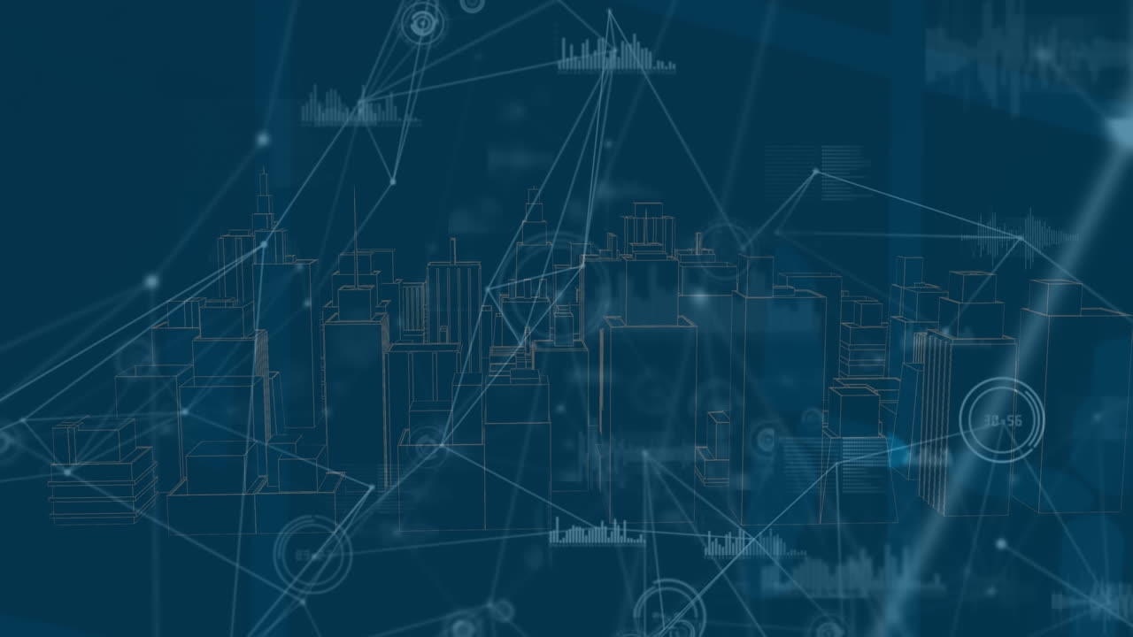 animación de puntos conectados con líneas e iconos de gráficos sobre un modelo 3d de ciudad sobre un fondo abstracto