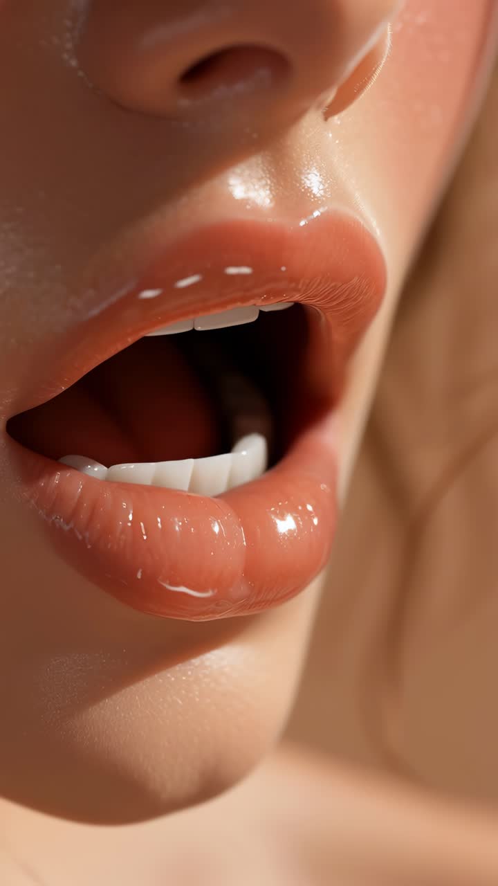 Close-up video still of glossy lips slightly parted, capturing a sensual and intimate angle