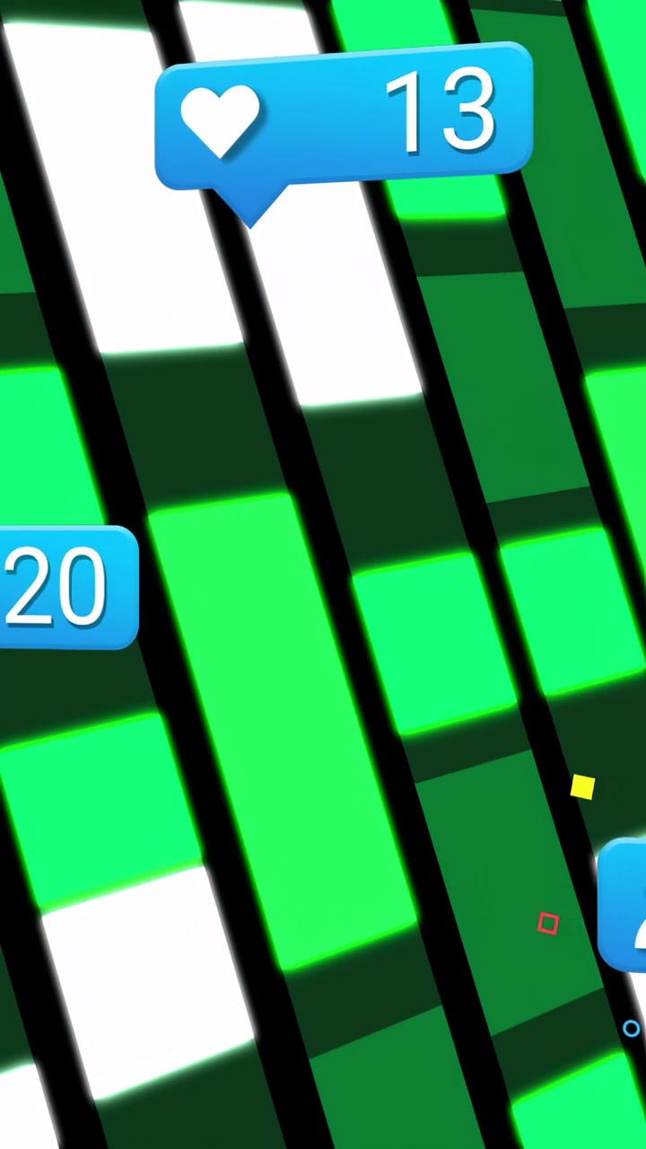 Vertical video: Green-white grid staying while dots popping and blue bubbles sliding showing stats
