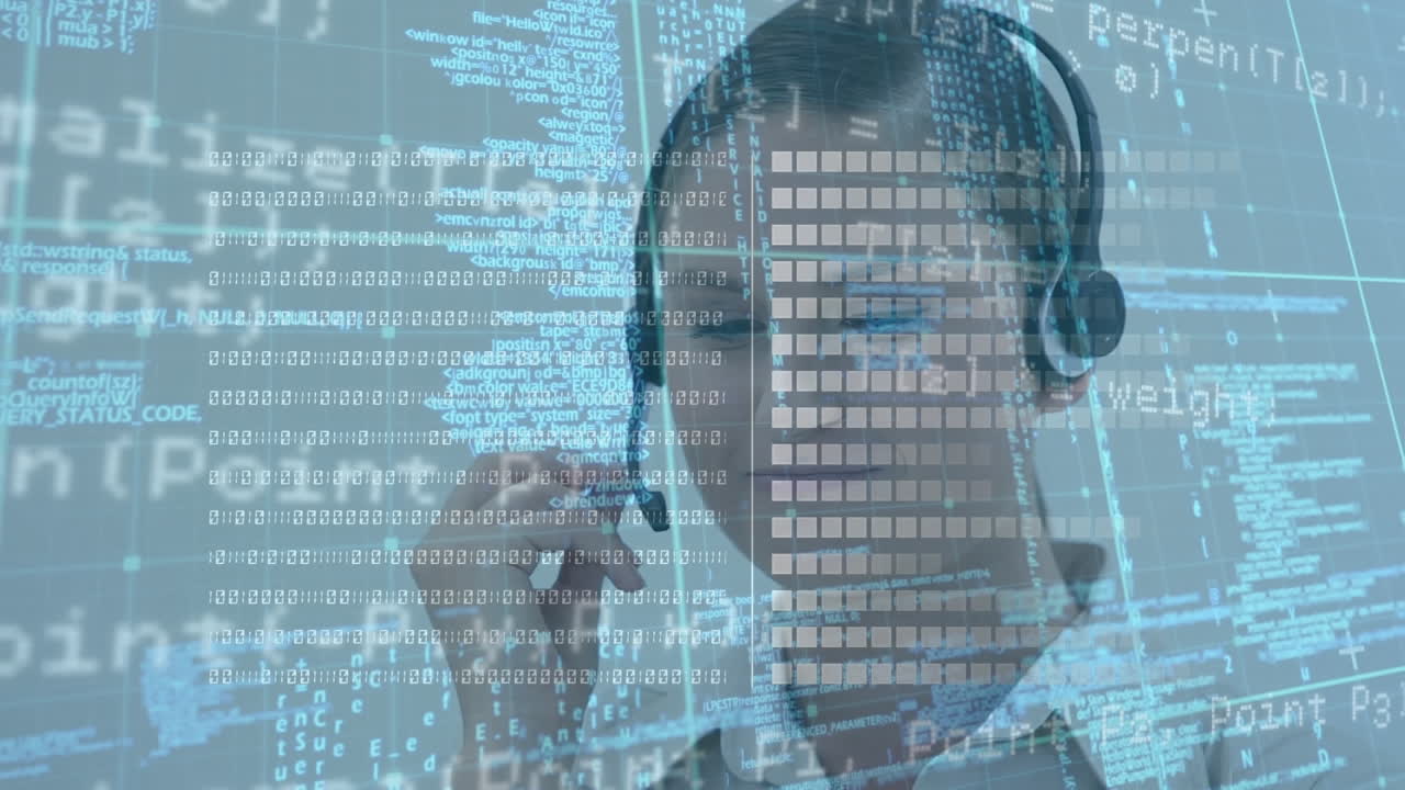 Animation of data processing over businesswoman using phone headset