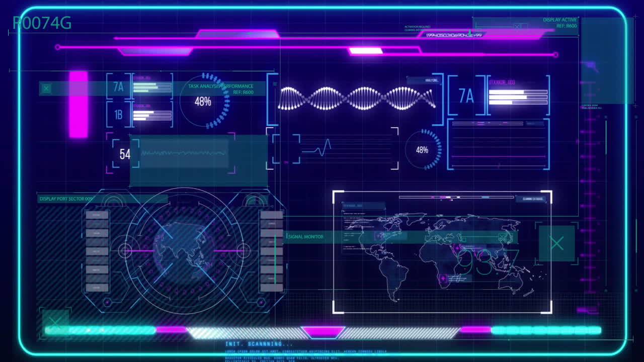 Futuristic data processing and analysis animation over digital world map and graphs