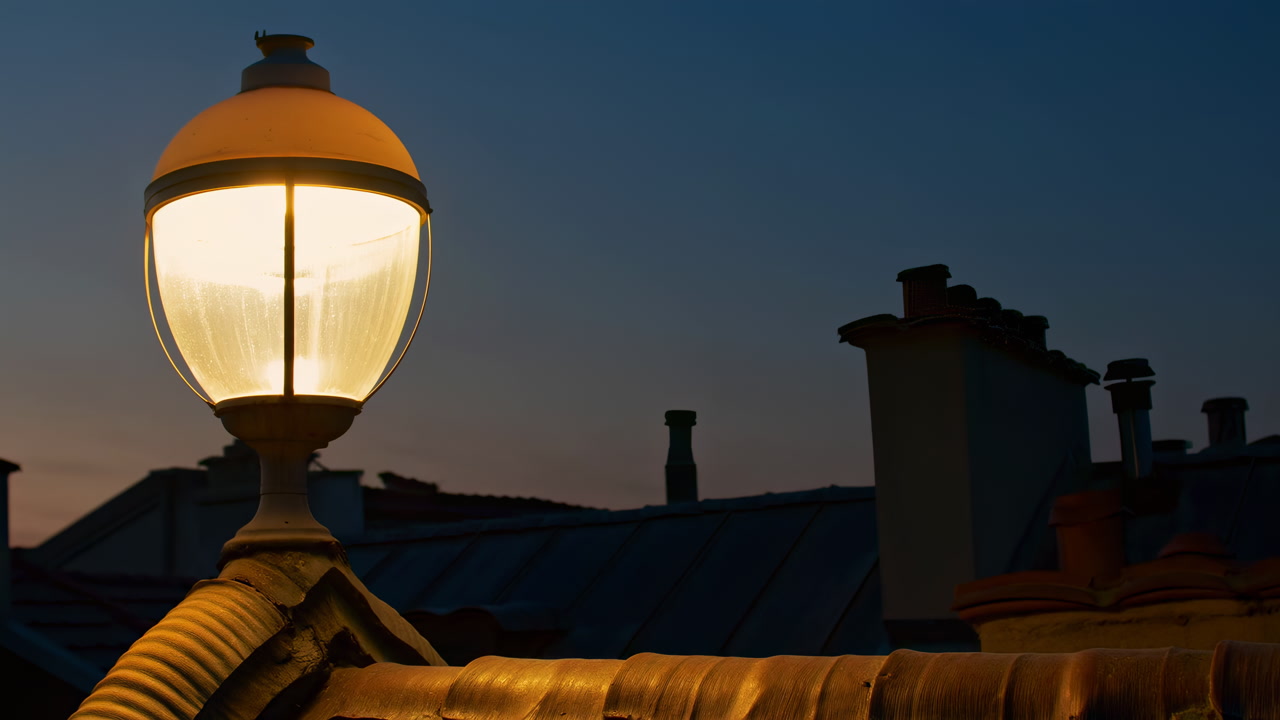Rooftop Lamp Glowing Over Chimney Silhouettes. Calm Twilight With Warm Amber Glow, Vintage Globe Lantern