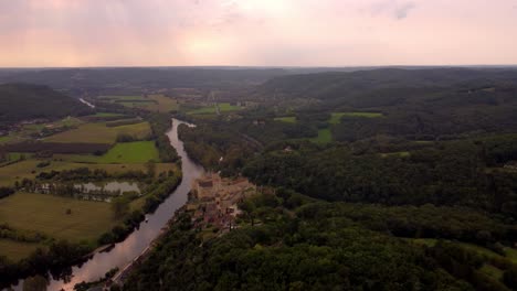 aerial view of beynac et cazenac france medieval small stone village in the dordogne forest historical site at sunset