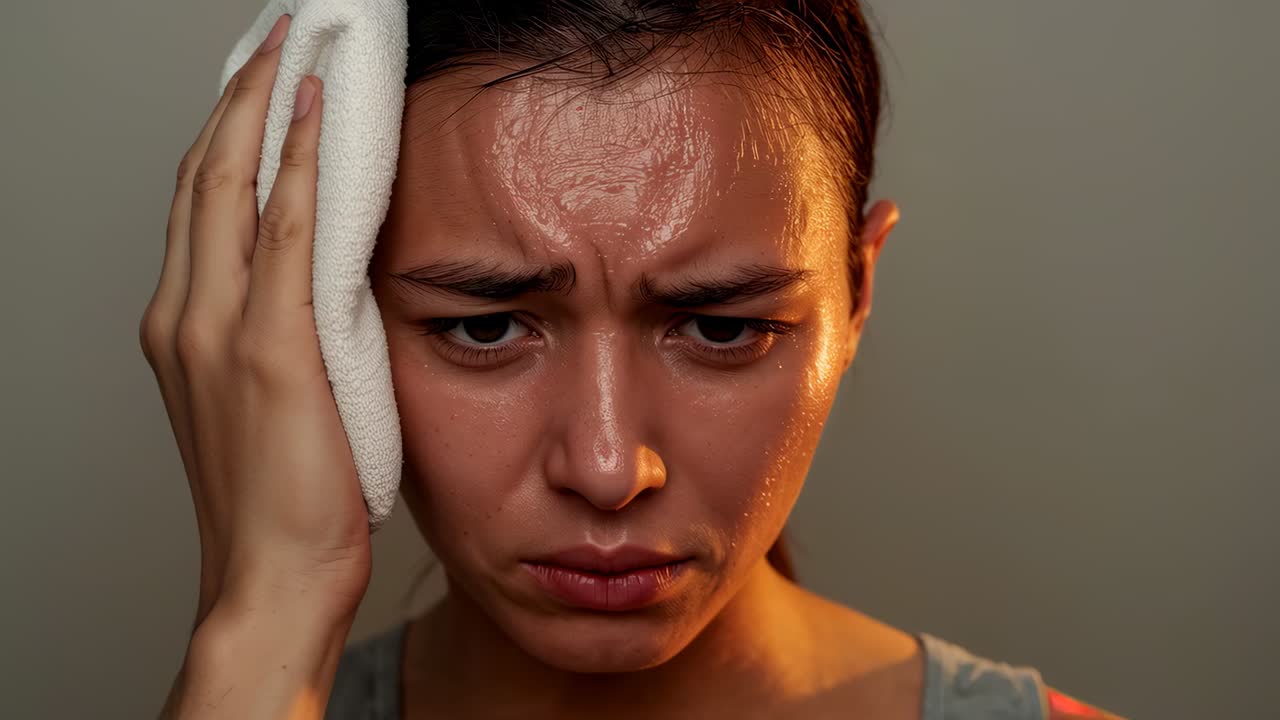 Feeling sudden pain, woman pressing white towel to left temple in studio, wearing grey tank top