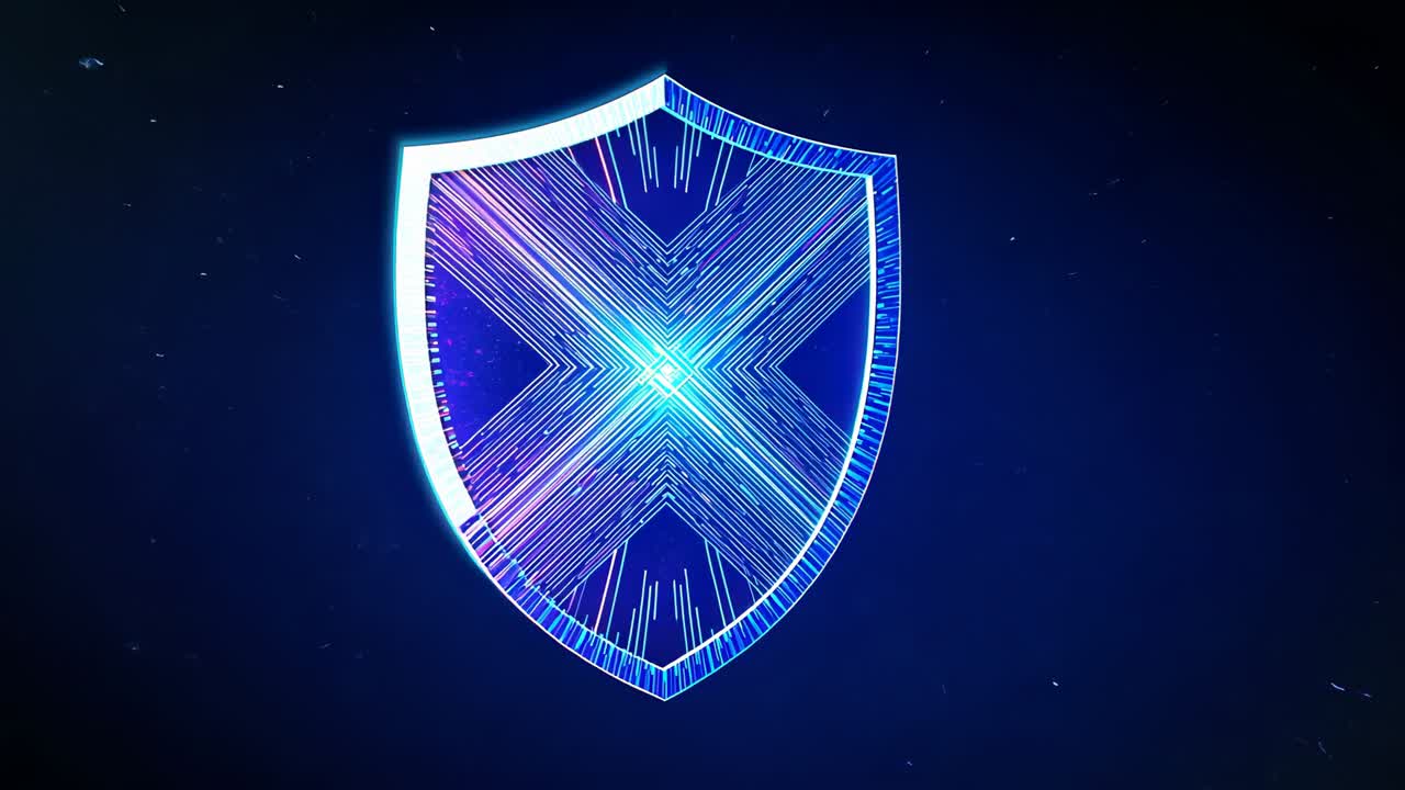 Bright cyan glow starting tracing neon shield outline in navy cyberspace, revealing X network