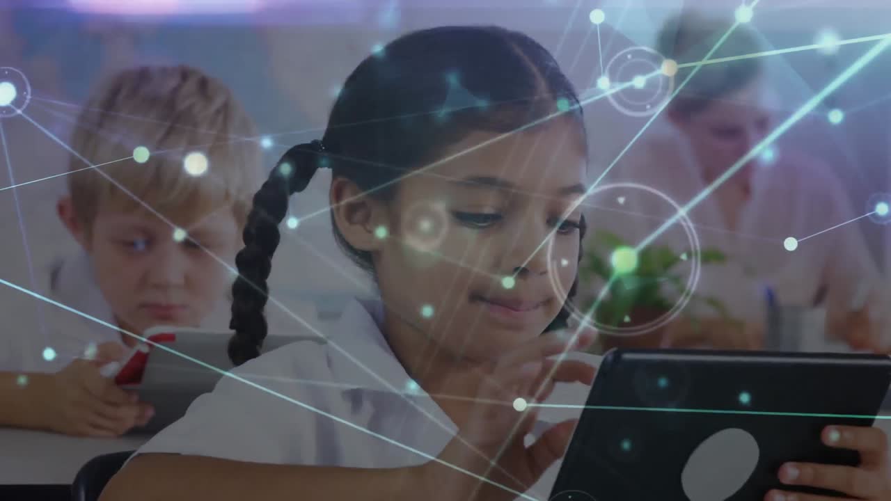 초등학교에서 디지털 태블릿을 사용하는 소녀에 대한 빛나는 연결 네트워크