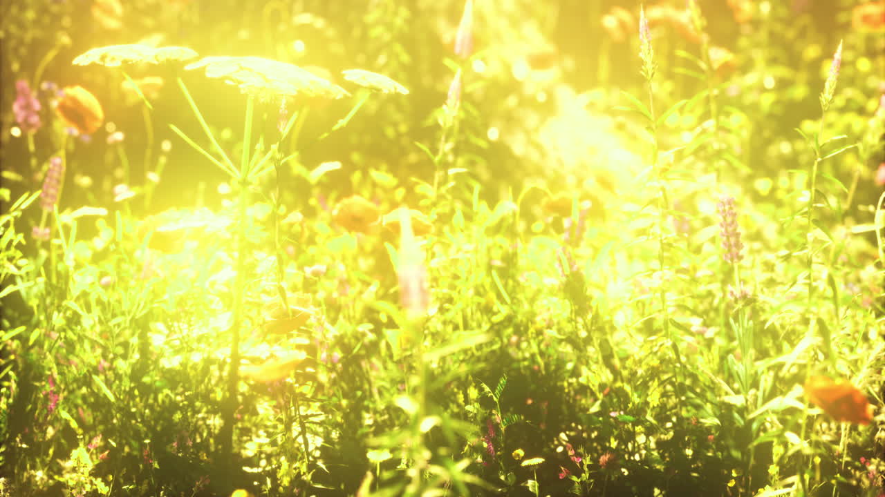 밝은 빛이 꽃이 피는 야생 꽃으로 가득 찬 활기찬 정원을 비추고 있습니다.
