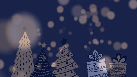Animation-Des-Weihnachtsbaummusters-über-Lichtern-Und-Dunklem-Hintergrund