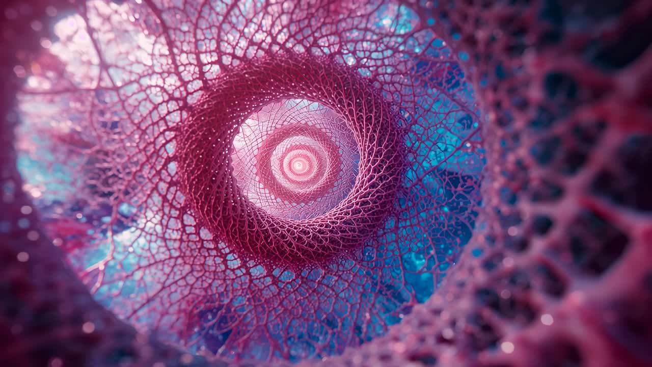 Opening view showing spiral lattice sliding into CG tunnel, revealing concentric illuminated rings