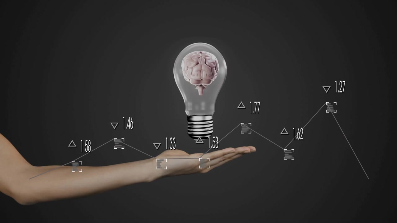 Line chart shifting leading forearm holding rotating brain bulb above visualizing data insight