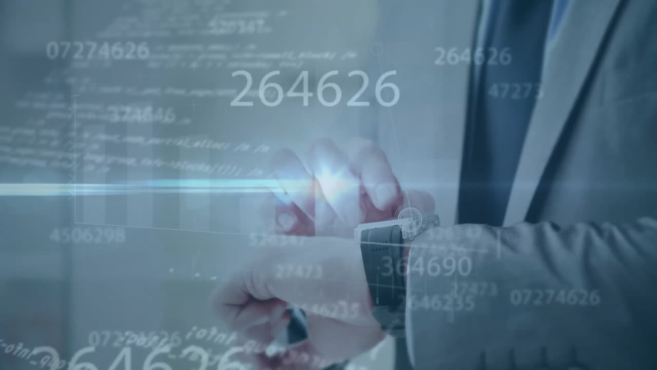 Animation of data processing over caucasian businessman using smartwatch