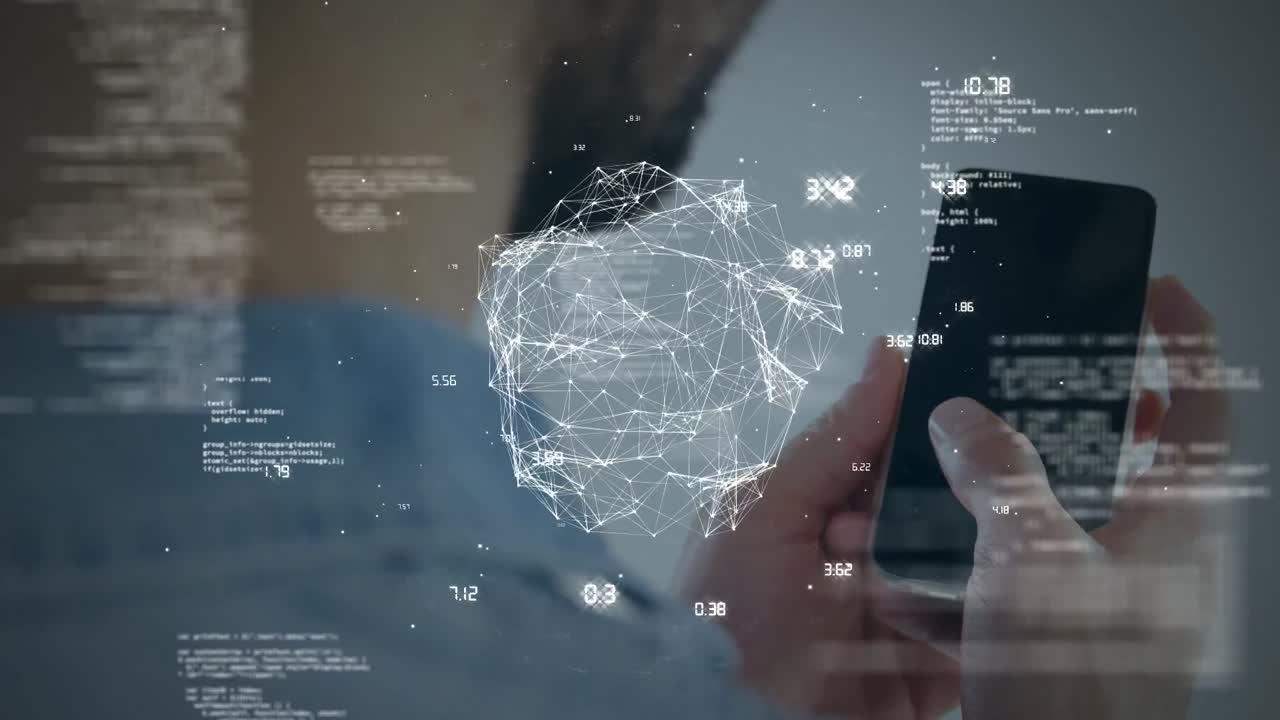 animación del procesamiento de datos financieros sobre un hombre caucásico que usa un teléfono inteligente