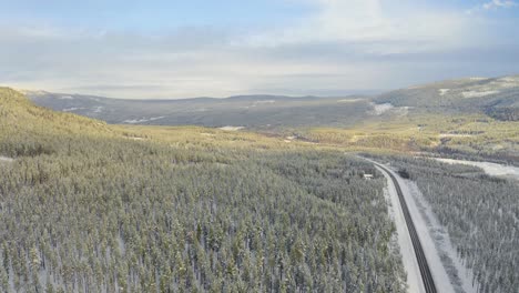 disparo de un dron alto de la carretera a través del bosque en stor elvdal, cerca de la ciudad de atna, noruega