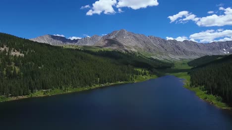 AERIAL:-View-from-high-above-a-Colorado-mountain-valley-next-to-a-beautiful-blue-lake