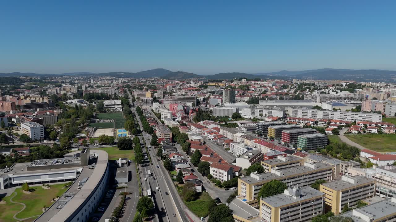 Roundabout and main street in the city center of Braga, Portugal - aerial