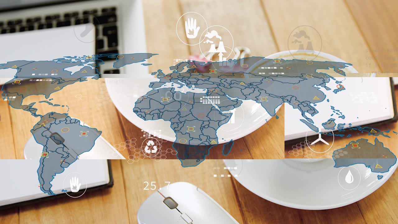 AR dashboard fading in over desk then mapping data layers while visualizing global emissions trends