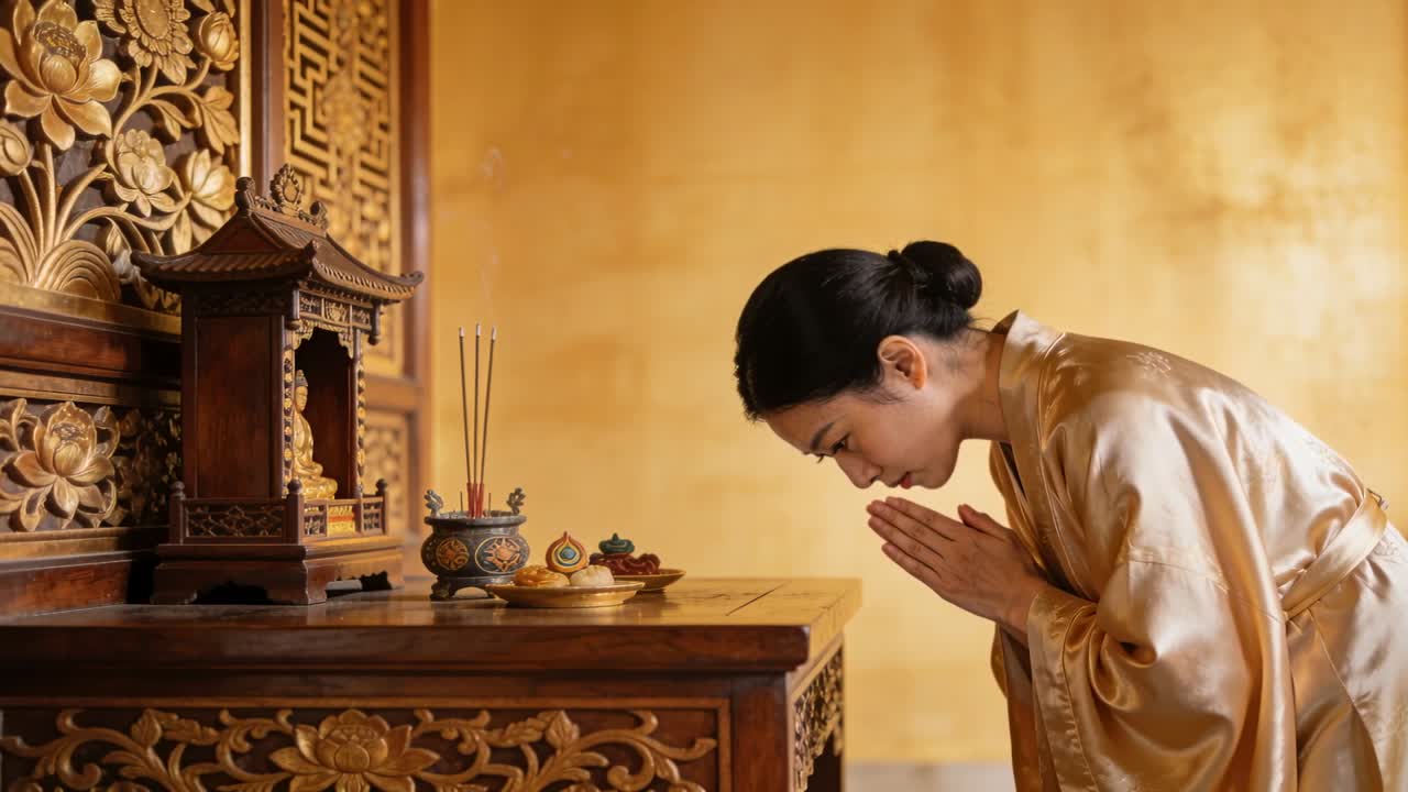 ผู้หญิงเอเชียในชุดคลุมสีทองยืนประนมมือและโค้งคำนับที่แท่นบูชาแกะสลัก พร้อมธูปสำหรับการสักการะบูชา