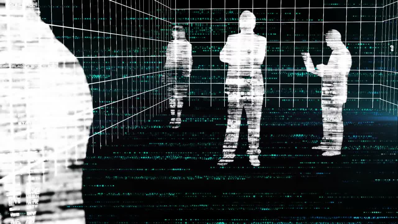Animation of scope scanning and data processing over grid and human figures