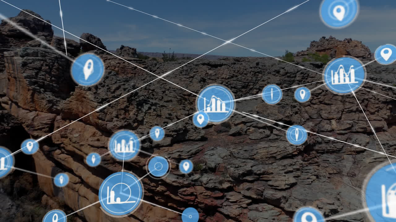 red de conexiones y animación de procesamiento de datos sobre un paisaje rocoso