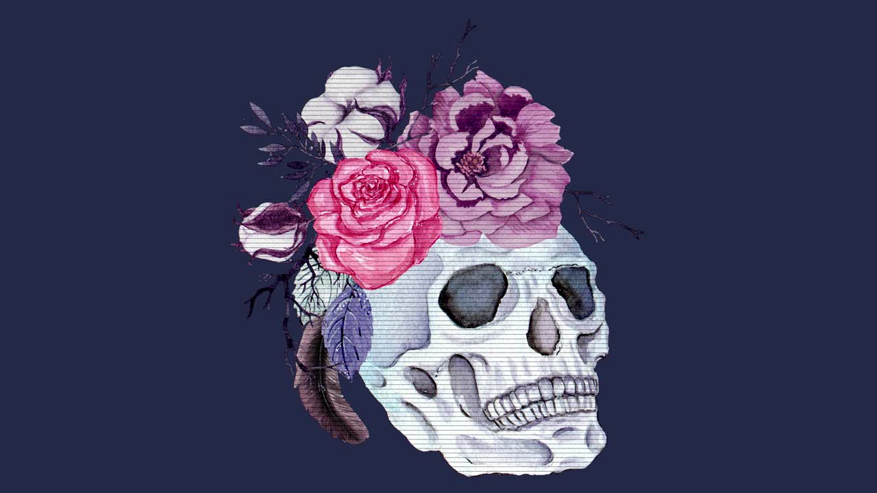 수채화 두개골, 꽃, 빈티지 보호 스타일의 장식 장식과 함께 할로윈 애니메이션.