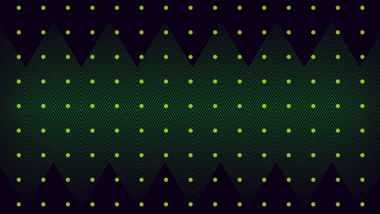 검은색으로 움직이는  ⁇ 은 녹색 평행 지그자그 선 위에 진동하는 희미한 녹색 점의 그리드의 애니메이션