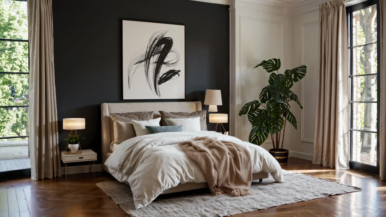 Moderne soveværelse med minimalistisk indretning, filmet fra et vidvinkelperspektiv