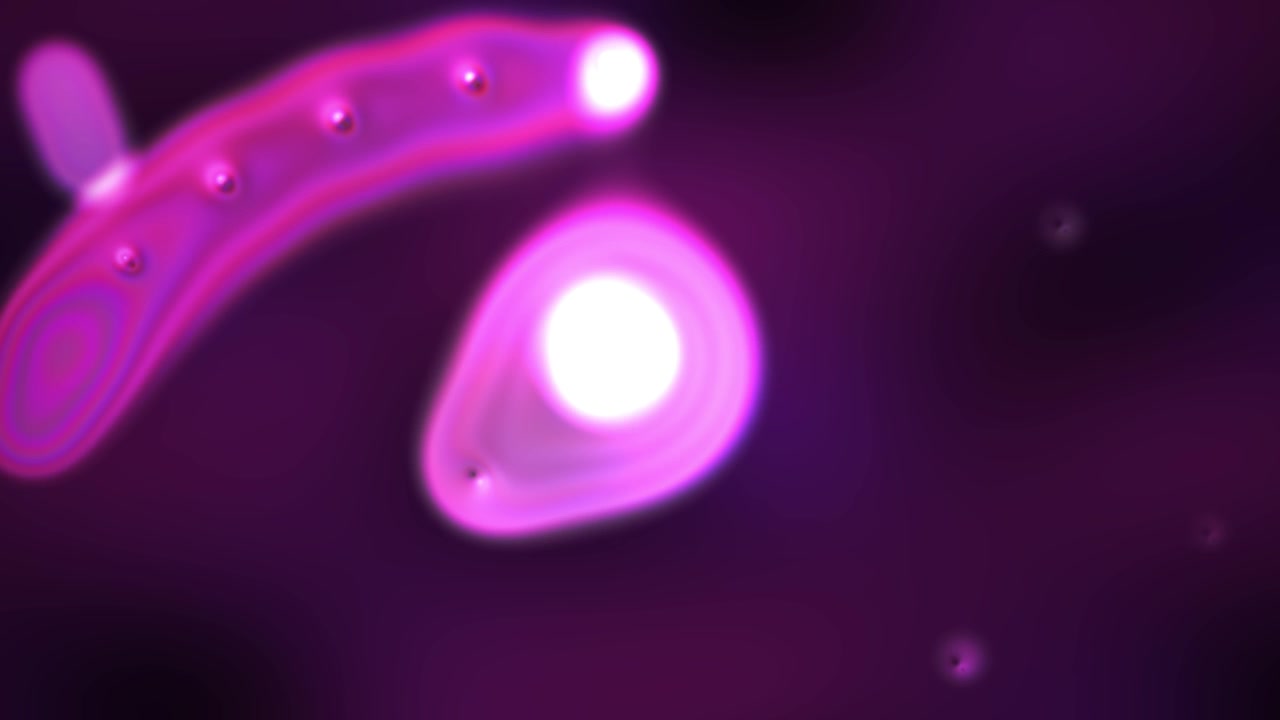 Forme organiche luminose astratte in mutamento su sfondo viola scuro