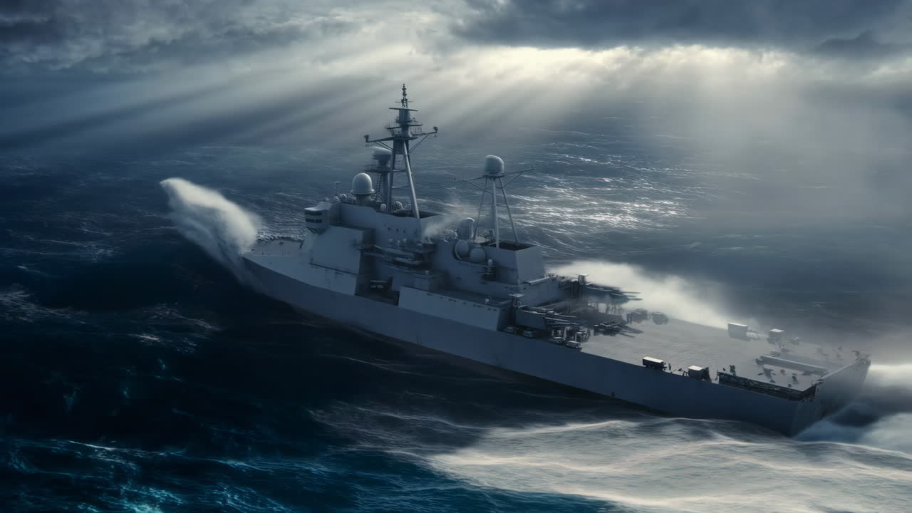 A modern warship navigating through rough seas under a dramatic, sunlit sky