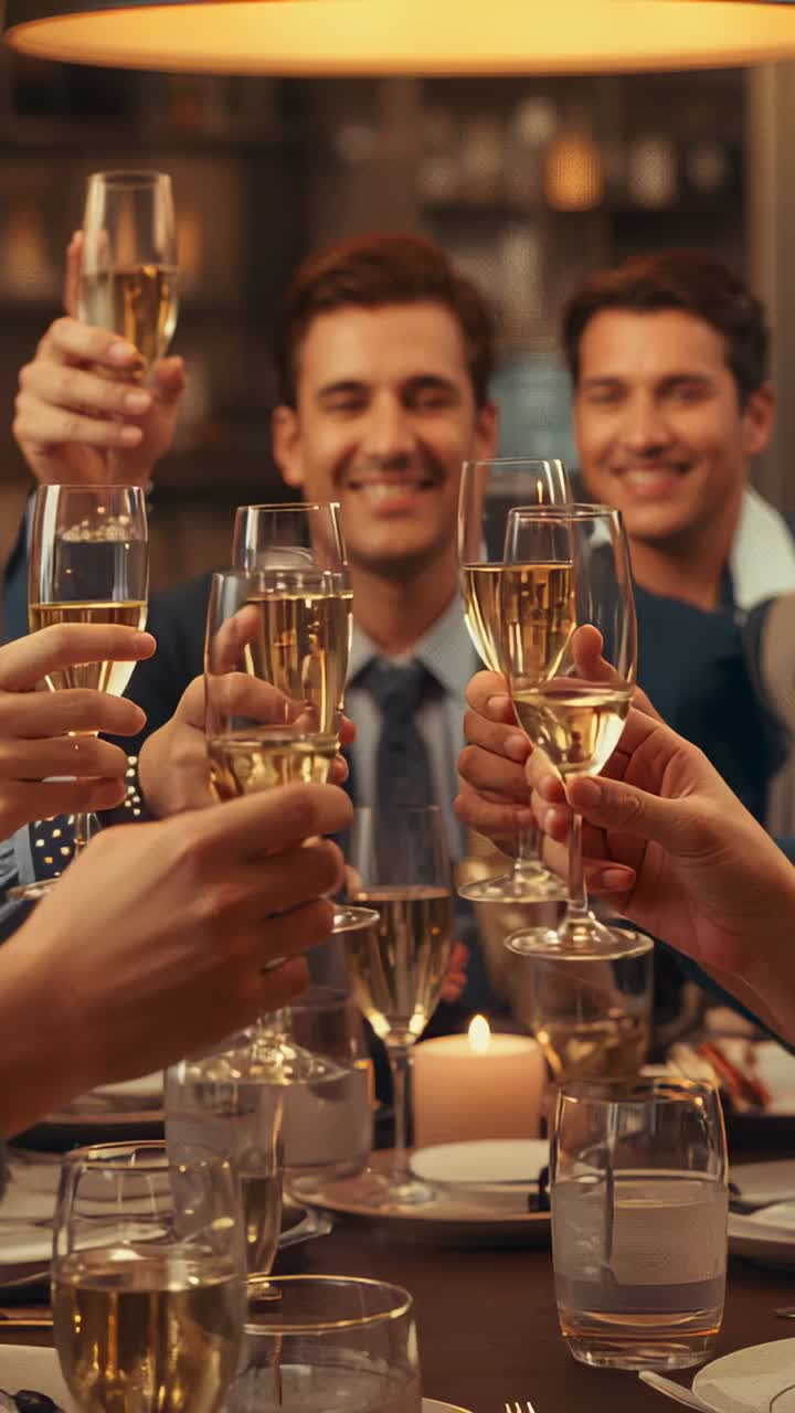 Vertical video: Reaching hands wearing suits clinking flutes in candlelit restaurant, marking toast