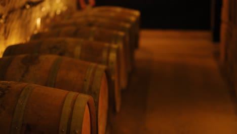 people walking through historic wine barrels in cellar