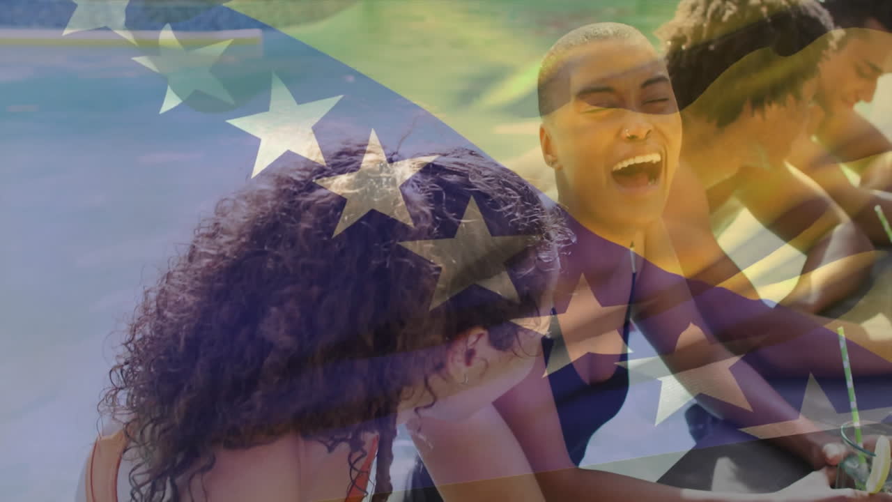 Diverse group of friends laughing by pool with stars overlay animation