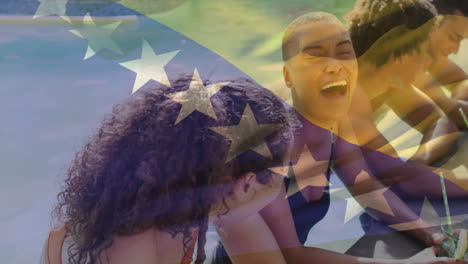 diverse group of friends laughing by pool with stars overlay animation