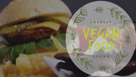 animación de texto de comida vegana sobre una hamburguesa fresca