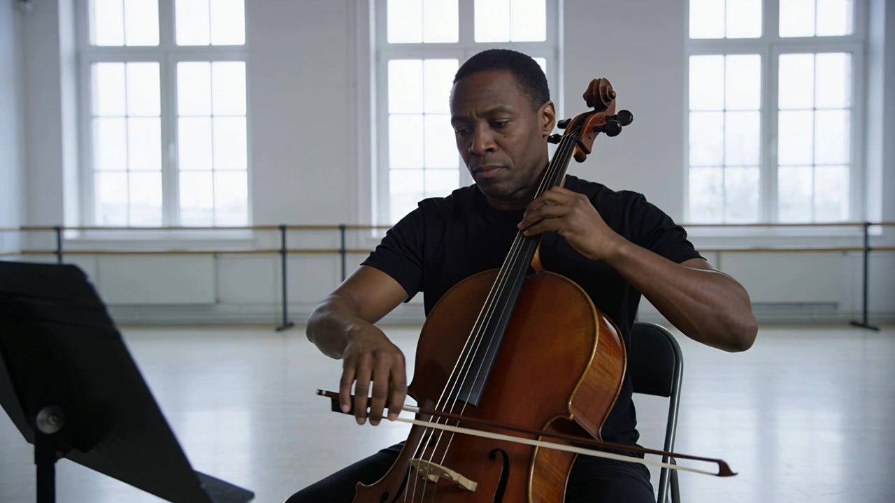 Playing cellist drawing bow across cello strings in rehearsal studio, following music, practicing