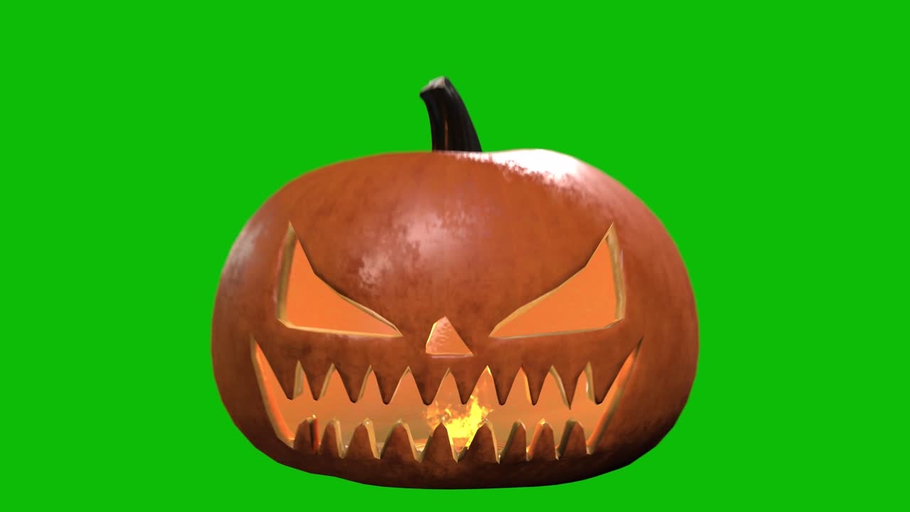 3D animation of a glowing jack-o'-lantern pumpkin 09 with candlelight inside, spinning, scaling up and down on a green screen. Perfect for Halloween intros, spooky videos, and holiday promos
