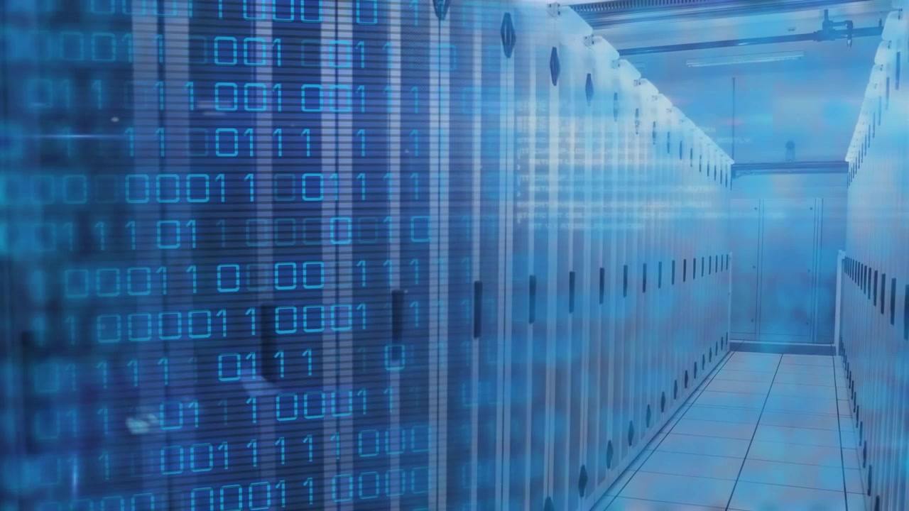 Camera moving forward revealing server racks aisle, closed door, binary scrolling and light streaks
