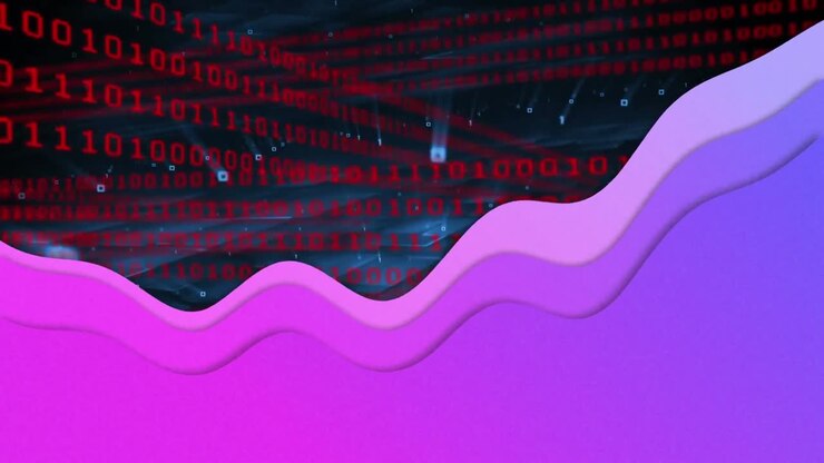 Animation von Datenverarbeitung über Binärcode-Berechnung mit violetter Welle