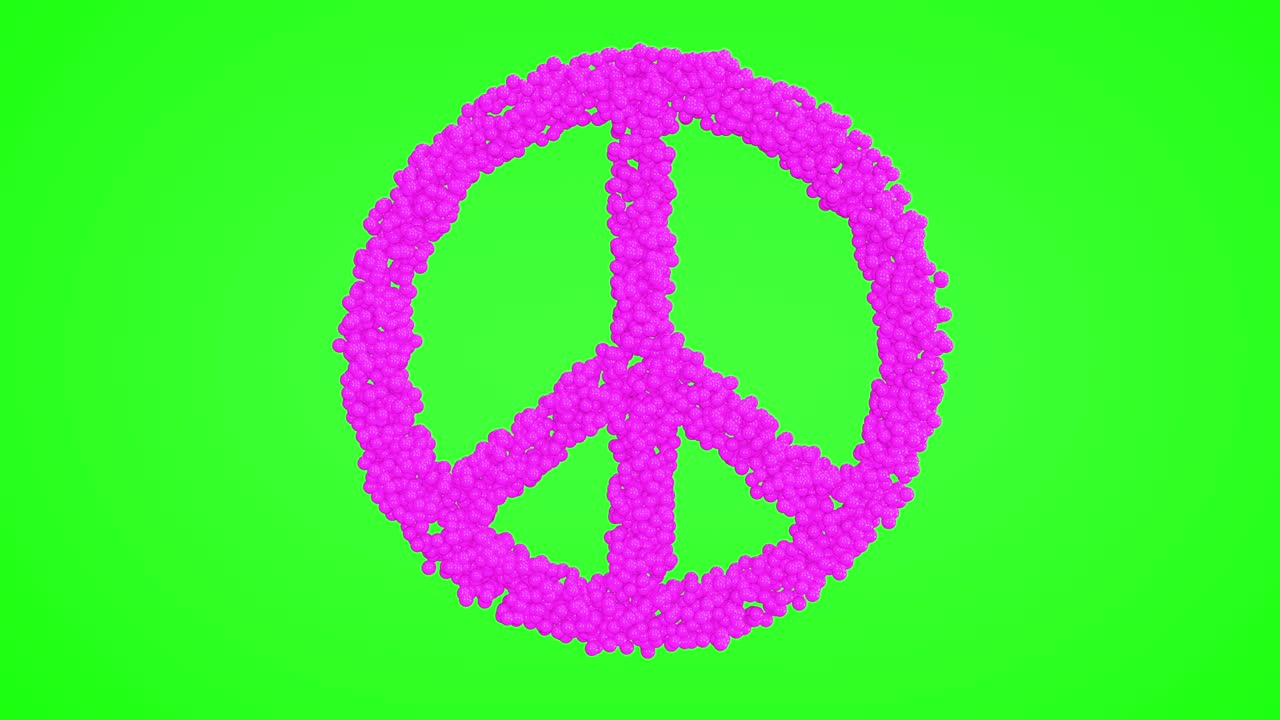 3d looped animation of peace symbol. Small balls shapes wavy surface with ripples. Trendy vibrant texture, motion graphic design, colored bright texture.
