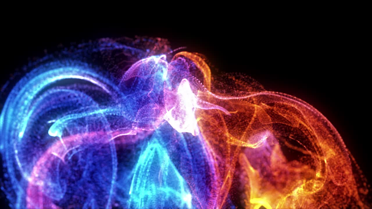 abstract loopable azul, violeta, naranja movimiento ondulante puntos textura con partículas desfocalizadas brillantes en fondo negro