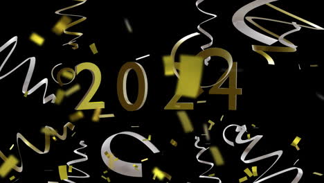 animación de streamers de fiesta de 2024 y confeti en fondo negro