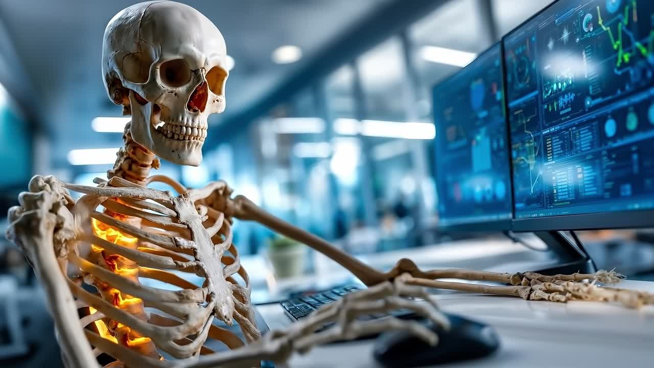 A skeleton sitting at a desk in front of a computer monitor