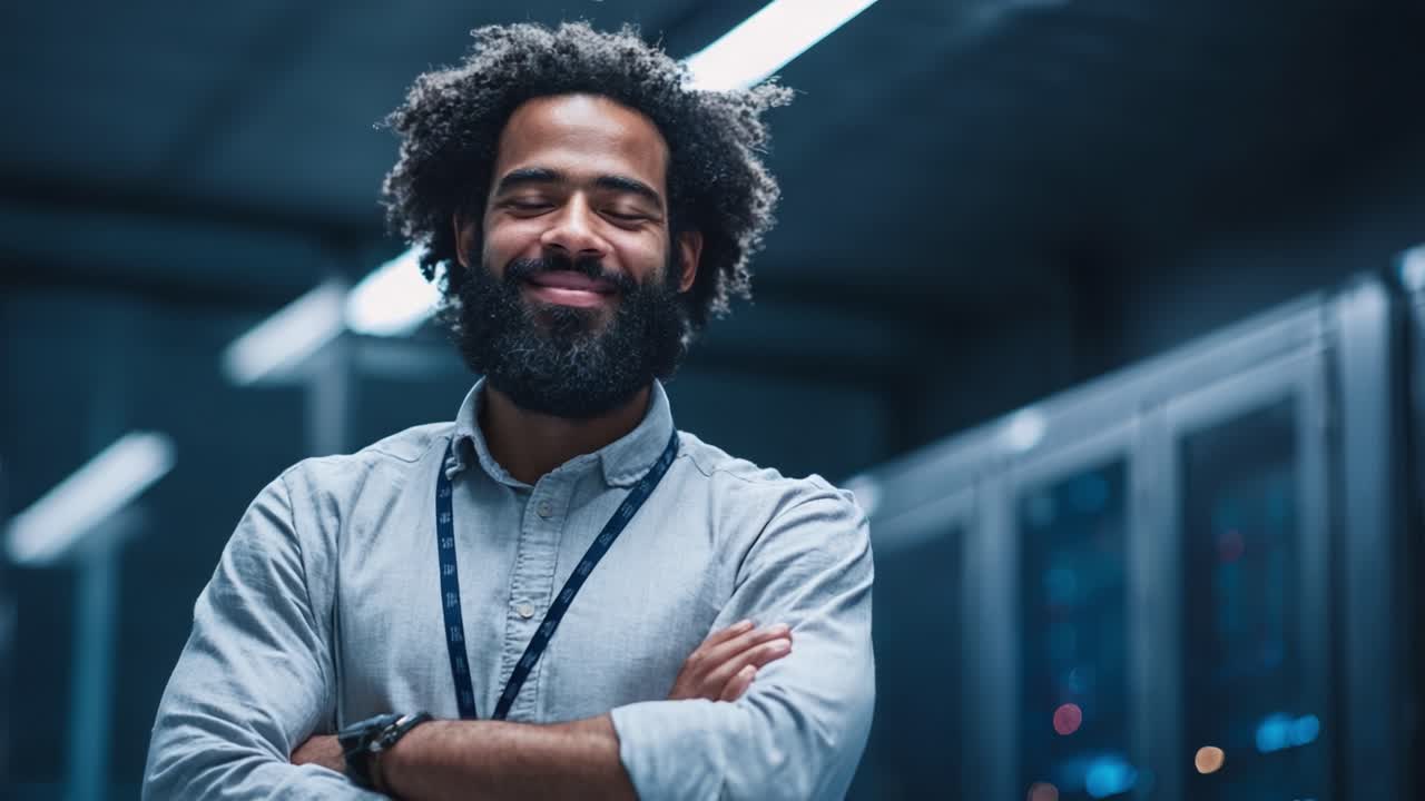 Confident Individual in a Modern Data Center Setting, Smiling and Showcasing Professionalism in a Dimly Lit Environment with Advanced Technologies in the Background
