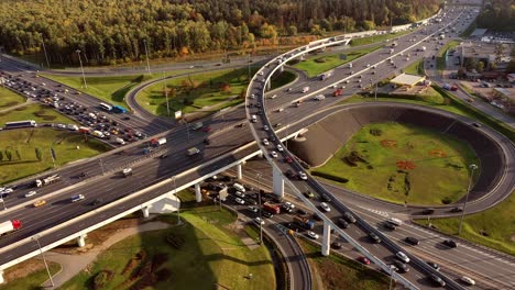 aerial view of a freeway intersection traffic trails in moscow.